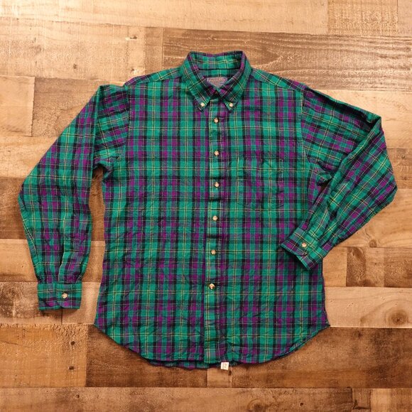 Pendleton Sir Pendleton Virgin Wool Shirt Men’s Large Green Purple Plaid USA - Picture 1 of 9